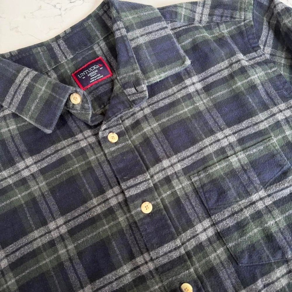UNTUCKit Radley Men's Medium Slim Fit Plaid Flannel Shirt Green Navy Cotton